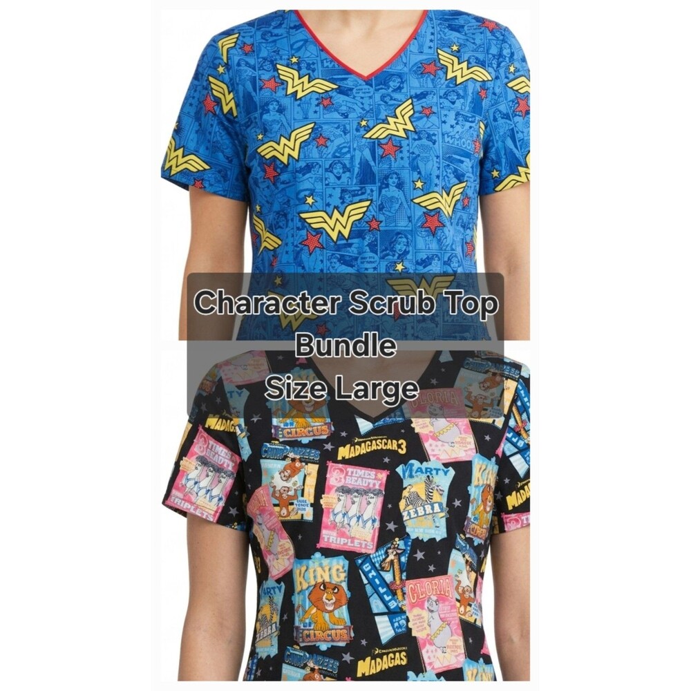 ​Lot 2 Disney DC Wonder Woman Madagascar Scrub Tops Large L V-Neck Womens Bulk